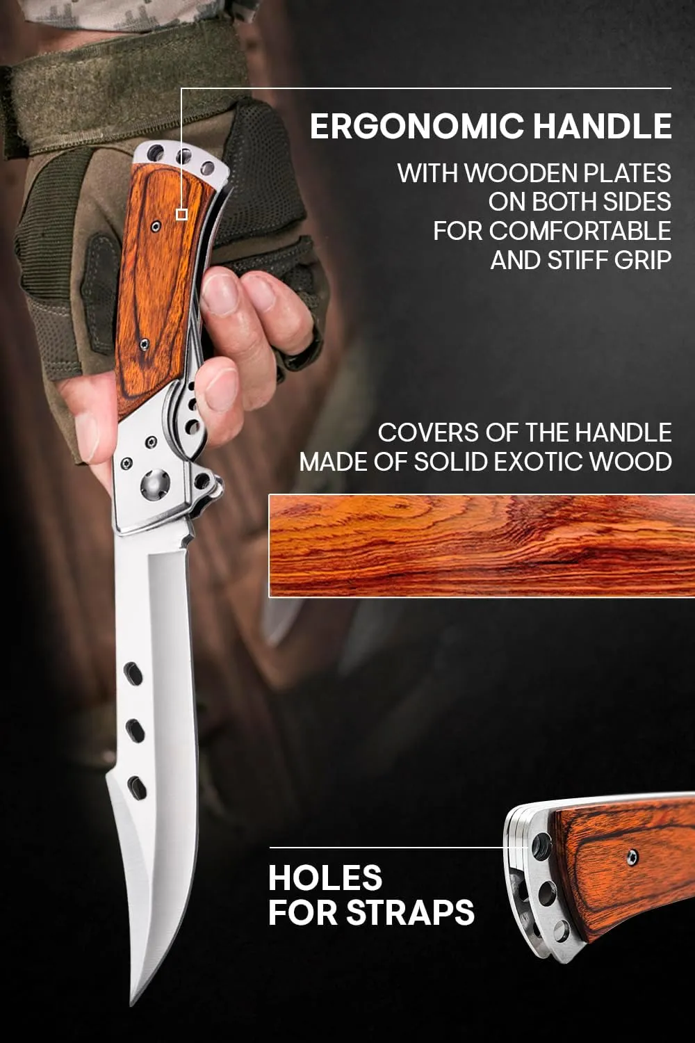 Long Blade Folding Knife - 5.8" Sharp Large Blade with Rosewood Handle - Foldable Knives for Hunting Hiking Camping Tactical Survival Work - Mens Gifts Ideas for Birthday Anniversary 4172