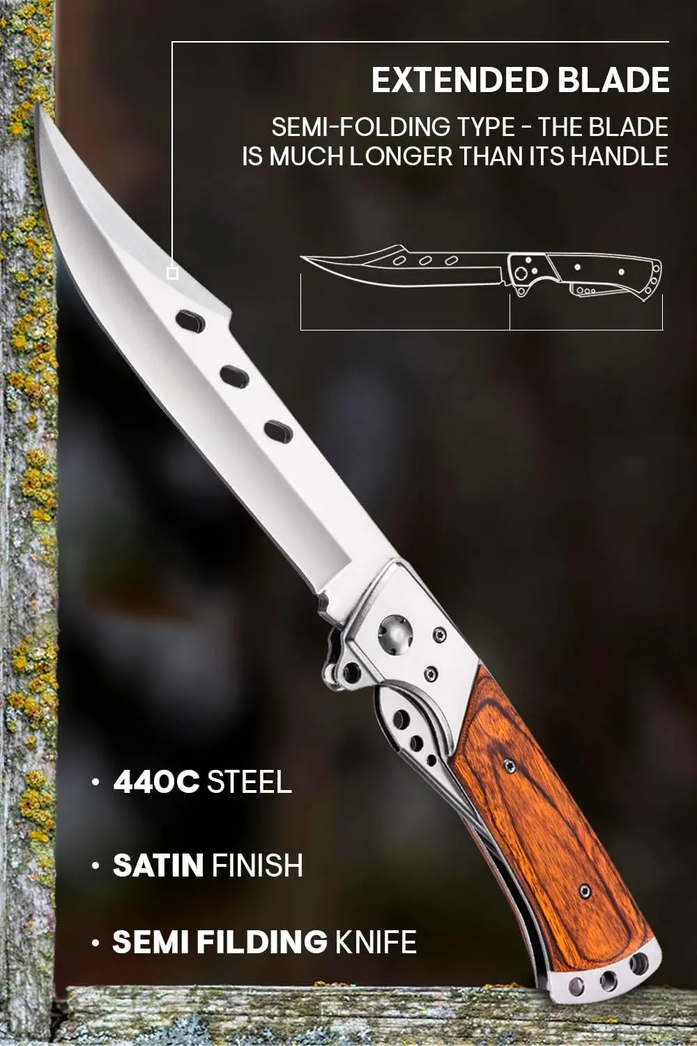 Long Blade Folding Knife - 5.8" Sharp Large Blade with Rosewood Handle - Foldable Knives for Hunting Hiking Camping Tactical Survival Work - Mens Gifts Ideas for Birthday Anniversary 4172