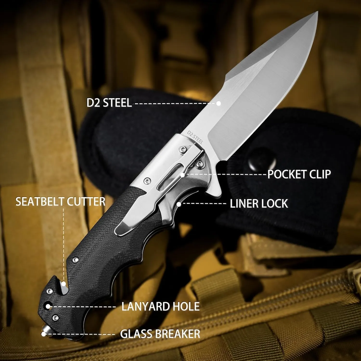 LOTHAR SMAUG Pocket Knife, 3.7 inch D2 Steel Folding Knife with Clip, Sharp Tactical Knife with G10 Handle, Glass Breaker, Pocket Knives for Men, Survival Knife Valentines Day Gifts for Him Men Women