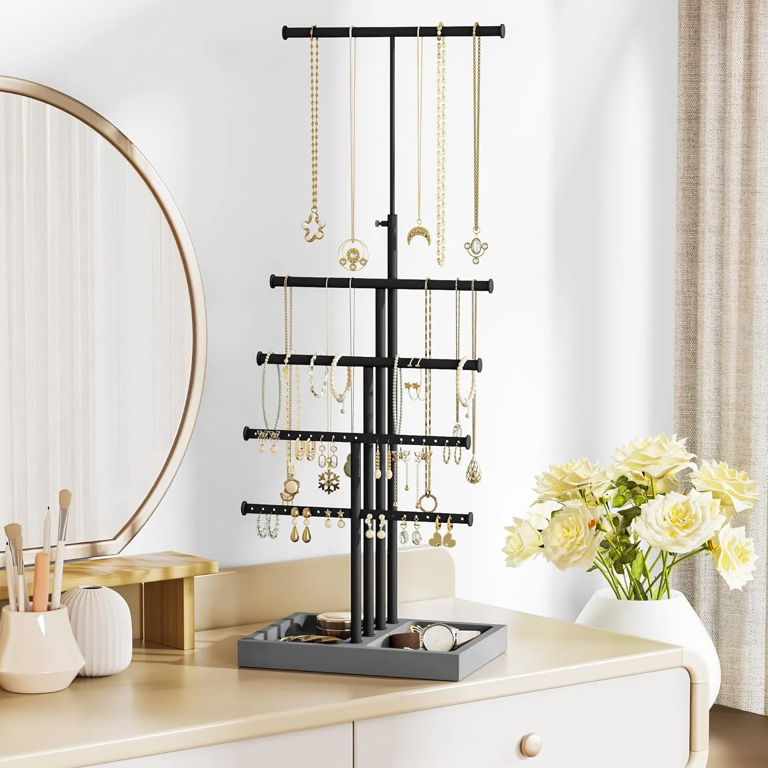 Love-KANKEI Jewelry Organizer Stand,5 Tier Large Necklace Holder with Wood Base,Jewelry holder stand Tree for Display,Bracelets Earrings Rings,Height Adjustable Gift Weathered Grey