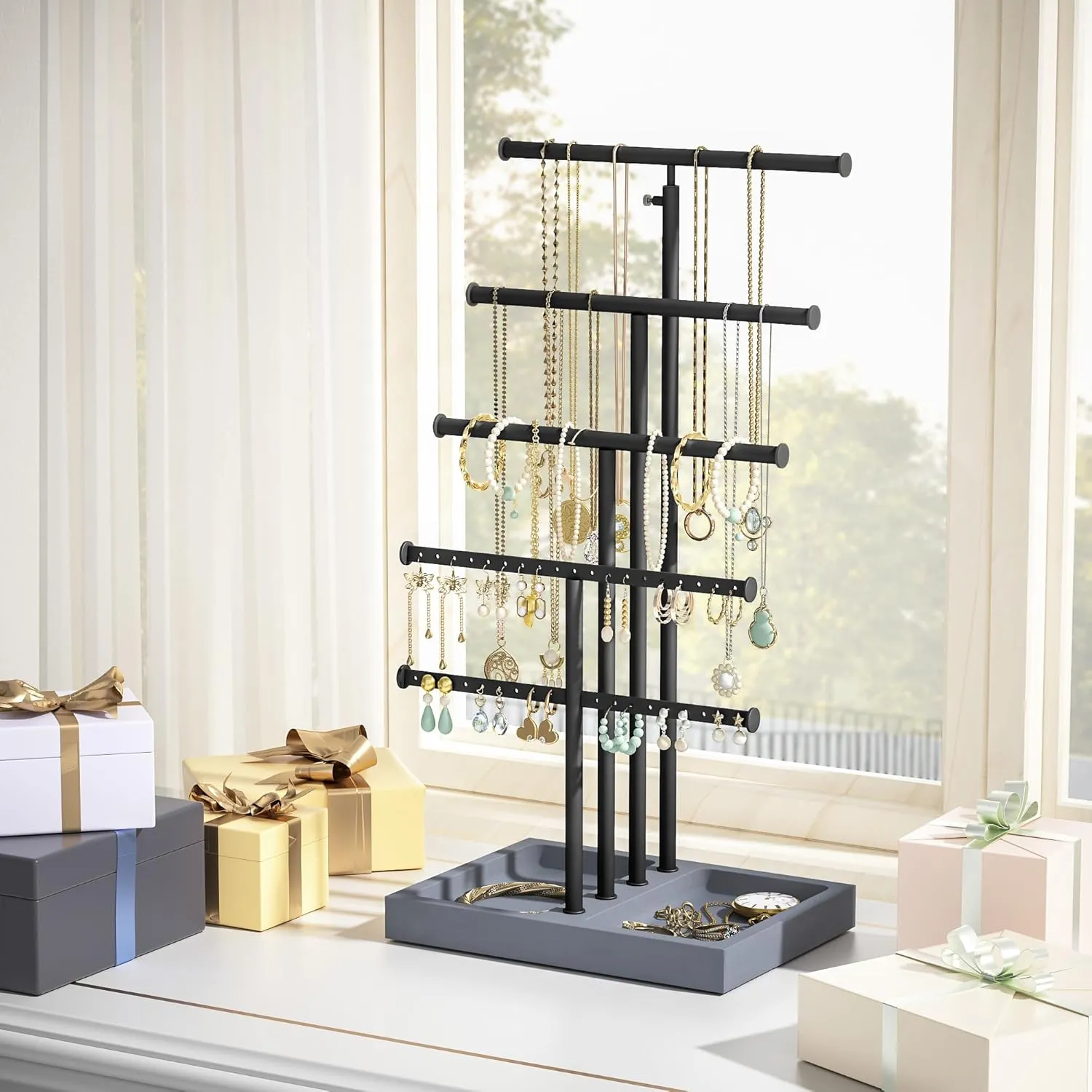 Love-KANKEI Jewelry Organizer Stand,5 Tier Large Necklace Holder with Wood Base,Jewelry holder stand Tree for Display,Bracelets Earrings Rings,Height Adjustable Gift Weathered Grey