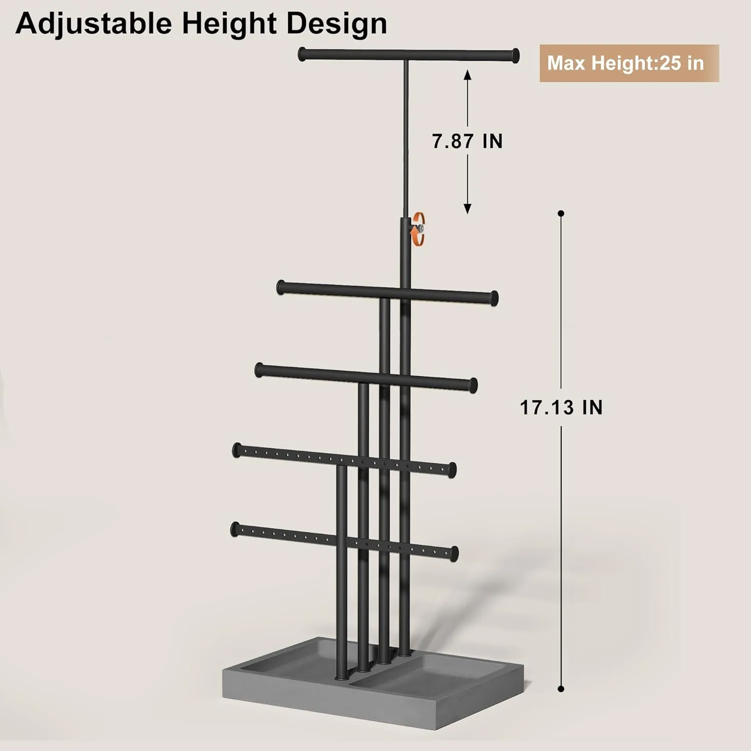 Love-KANKEI Jewelry Organizer Stand,5 Tier Large Necklace Holder with Wood Base,Jewelry holder stand Tree for Display,Bracelets Earrings Rings,Height Adjustable Gift Weathered Grey
