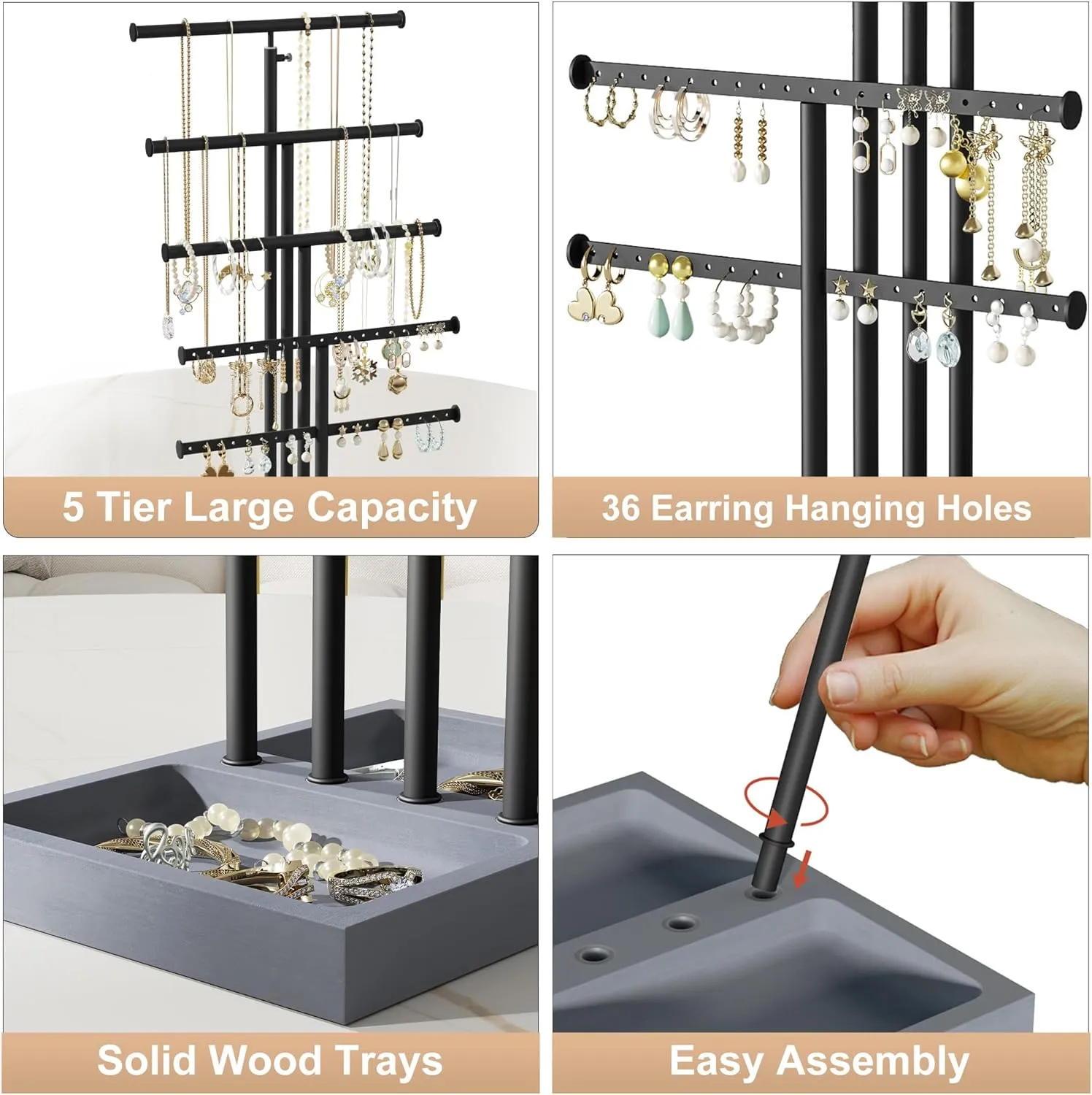 Love-KANKEI Jewelry Organizer Stand,5 Tier Large Necklace Holder with Wood Base,Jewelry holder stand Tree for Display,Bracelets Earrings Rings,Height Adjustable Gift Weathered Grey
