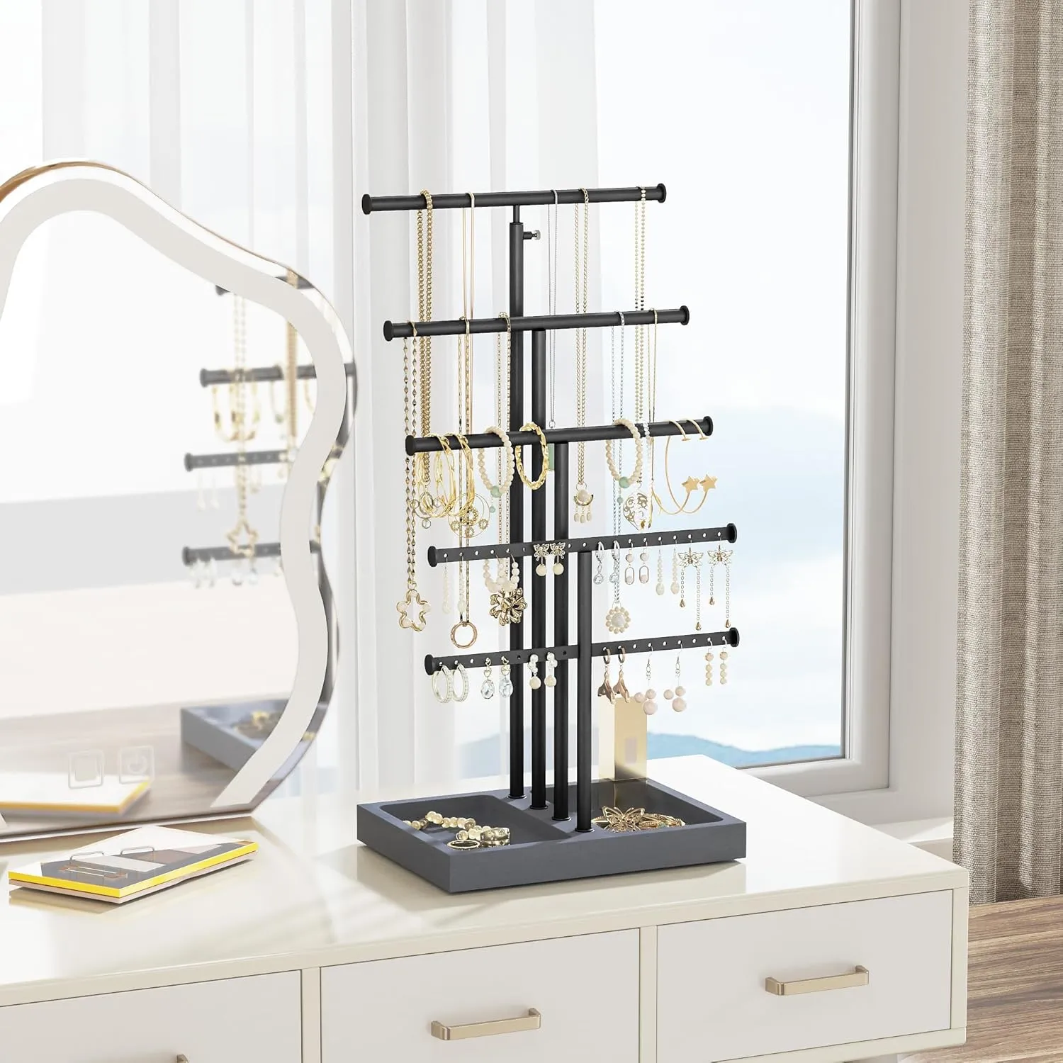 Love-KANKEI Jewelry Organizer Stand,5 Tier Large Necklace Holder with Wood Base,Jewelry holder stand Tree for Display,Bracelets Earrings Rings,Height Adjustable Gift Weathered Grey