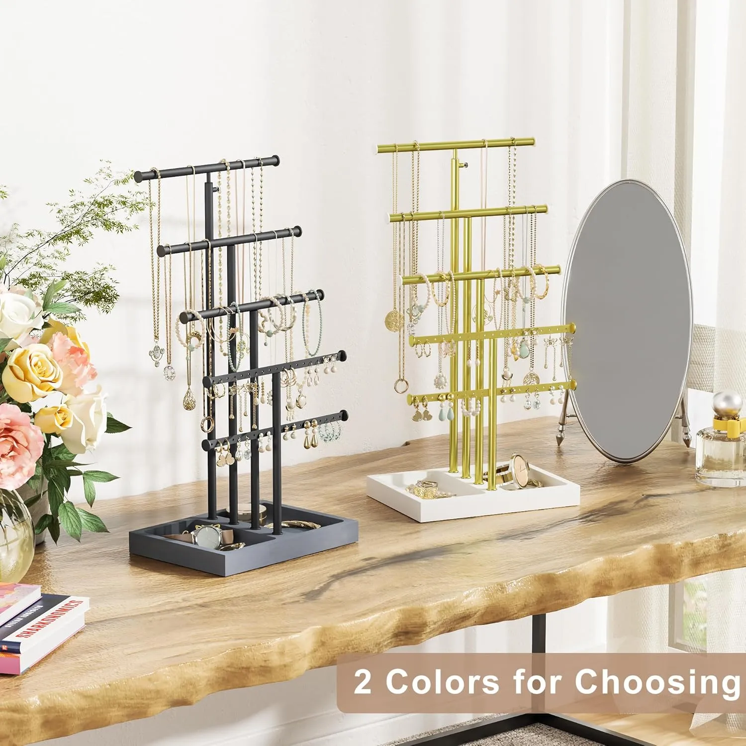 Love-KANKEI Jewelry Organizer Stand,5 Tier Large Necklace Holder with Wood Base,Jewelry holder stand Tree for Display,Bracelets Earrings Rings,Height Adjustable Gift Weathered Grey