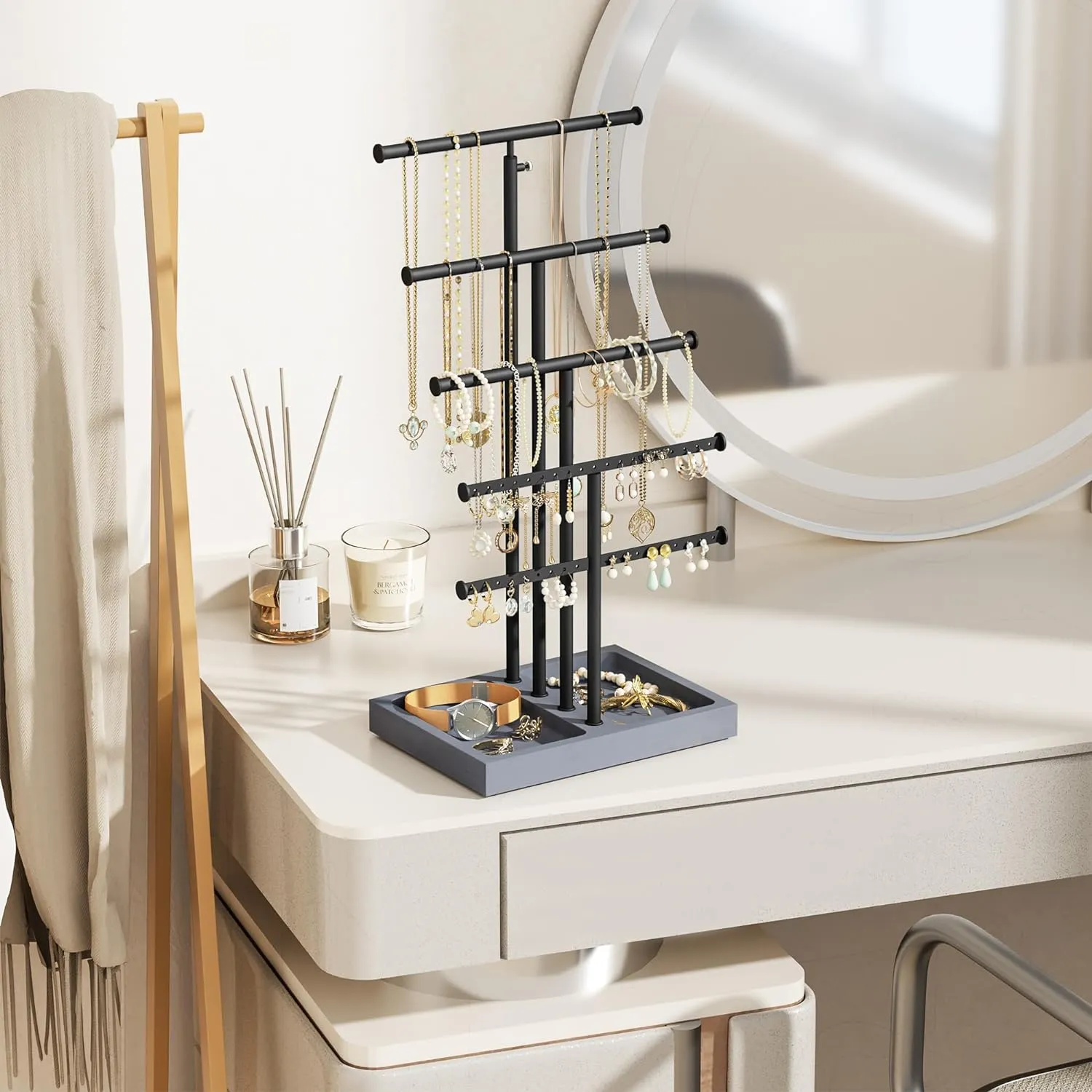 Love-KANKEI Jewelry Organizer Stand,5 Tier Large Necklace Holder with Wood Base,Jewelry holder stand Tree for Display,Bracelets Earrings Rings,Height Adjustable Gift Weathered Grey
