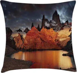 Lunarable Landscape Throw Pillow Cushion Cover, Patagonia Wonders of The World Natural Setting Sunset Trekking Serene Dawn Image, Decorative Square Accent Pillow Case, 28" X 28", Orange Blue