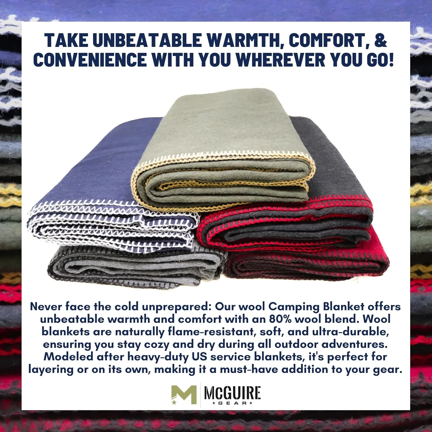 M MCGUIRE GEAR Heavy Duty Wool Military Camping, Survival, and First Aid Blanket, Mil-Spec Fire Retardant 64" x 90" (Black)