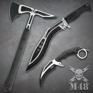 M48 Devastation Collection – Tactical Kukri, Karambit, and Tomahawk Set | Cast Stainless Steel Blades with Black Oxide Coating | Rugged Injection-Molded Handles & Heavy-Duty Vortec Sheaths