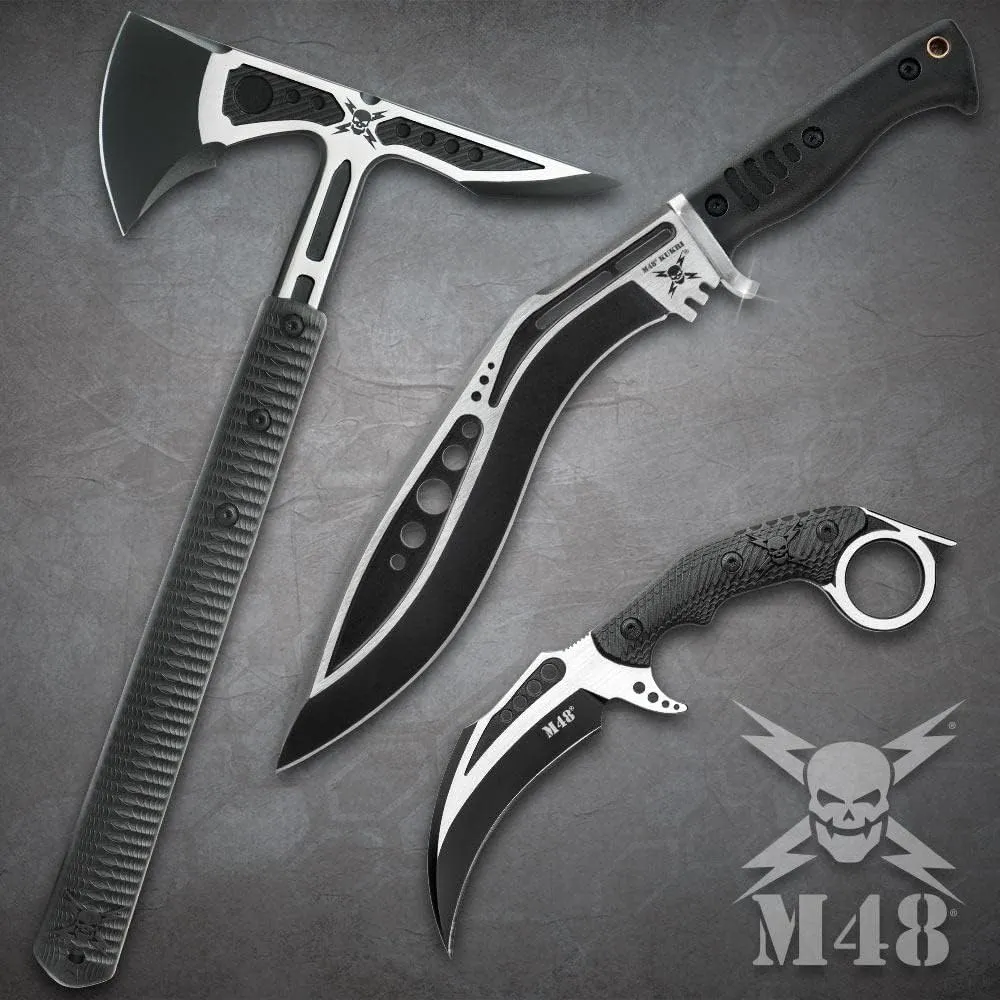M48 Devastation Collection – Tactical Kukri, Karambit, and Tomahawk Set | Cast Stainless Steel Blades with Black Oxide Coating | Rugged Injection-Molded Handles & Heavy-Duty Vortec Sheaths