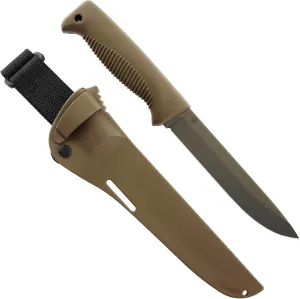 M95 Ranger Puukko Fixed Blade Knife with Sheath, 80CrV2 Carbon Steel Cerakote coated 5.9 inch Long Blade Hunting Knife with TPE Handle, Survival Knife for Outdoor Adventures, Coyote