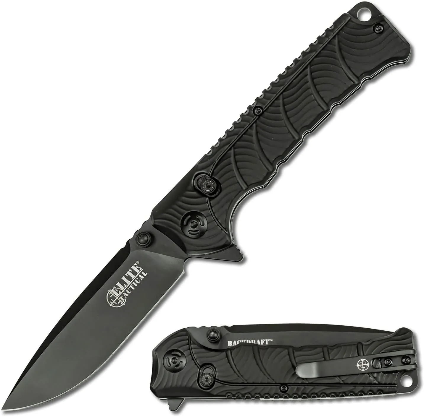 Manual Folding Knife w/D.L.M. - BACKDRAFT - Fine Edge Drop Point Blade, 8Cr13 Steel, Ball Bearing Pivot, Nylon Fiber Handle w/Reversible Deep Carry Pocket Clip, EDC - ET-FDR011BK