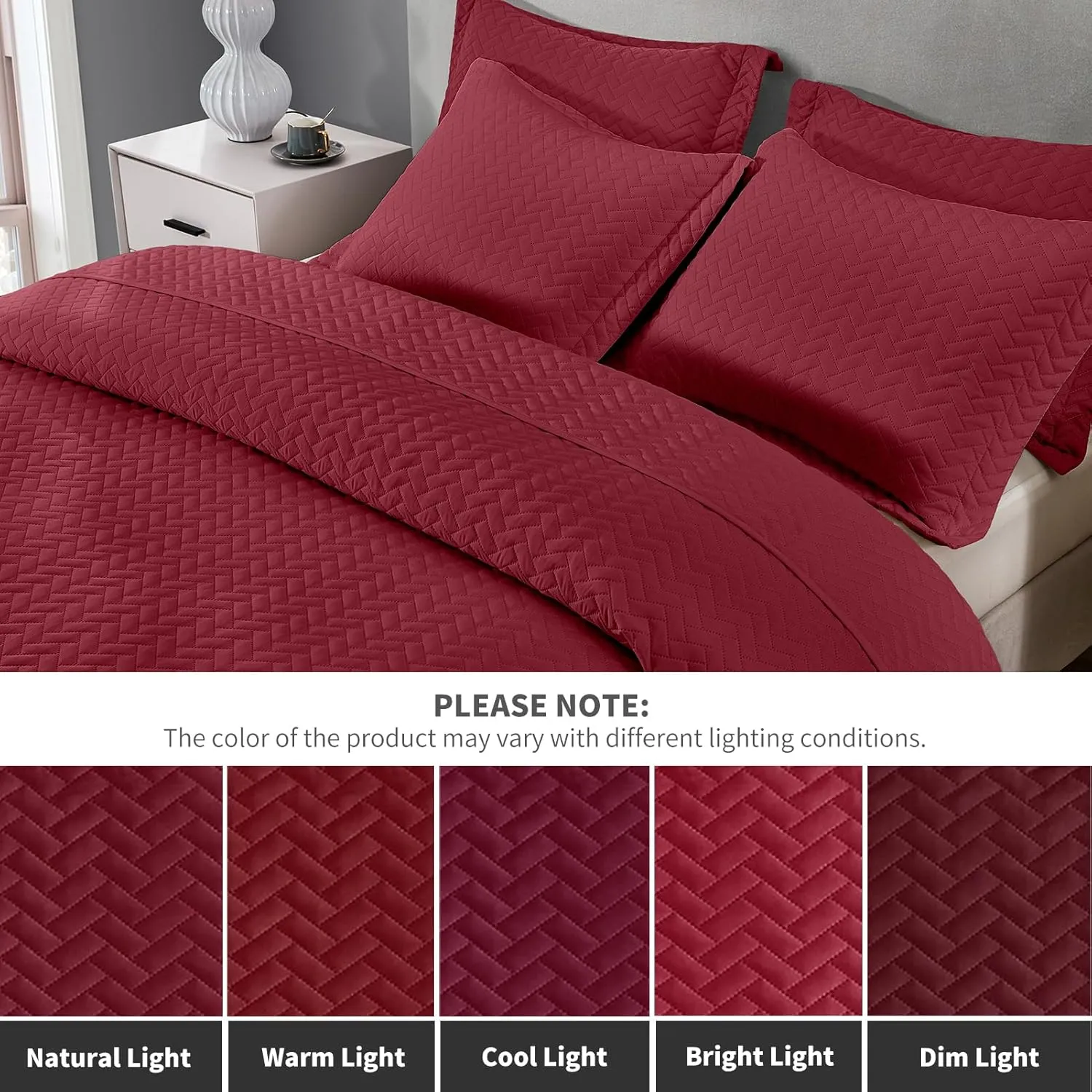 Maple&Stone Quilt Set King Size, Burgundy Lightweight Bedspread Ultrasonic Chevron Pattern Light Coverlet for All Season Comforter Bedding Decor - 3 Piece King Bed Cover Sets