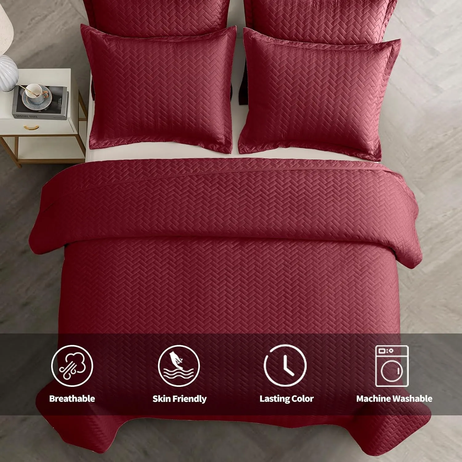 Maple&Stone Quilt Set King Size, Burgundy Lightweight Bedspread Ultrasonic Chevron Pattern Light Coverlet for All Season Comforter Bedding Decor - 3 Piece King Bed Cover Sets