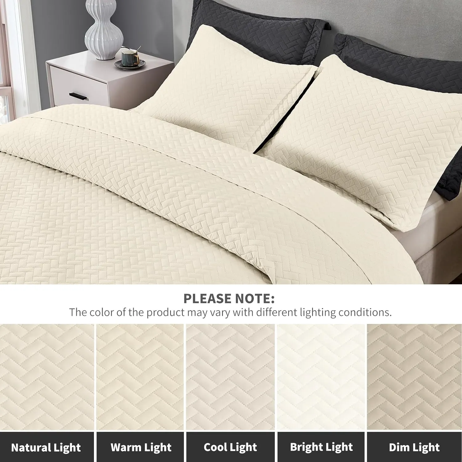 Maple&Stone Quilt Set King Size, Lightweight Off-White Bedspread Ultrasonic Chevron Pattern Light Coverlet for All Season Comforter Bedding Decor - 3 Piece King Bed Cover Sets