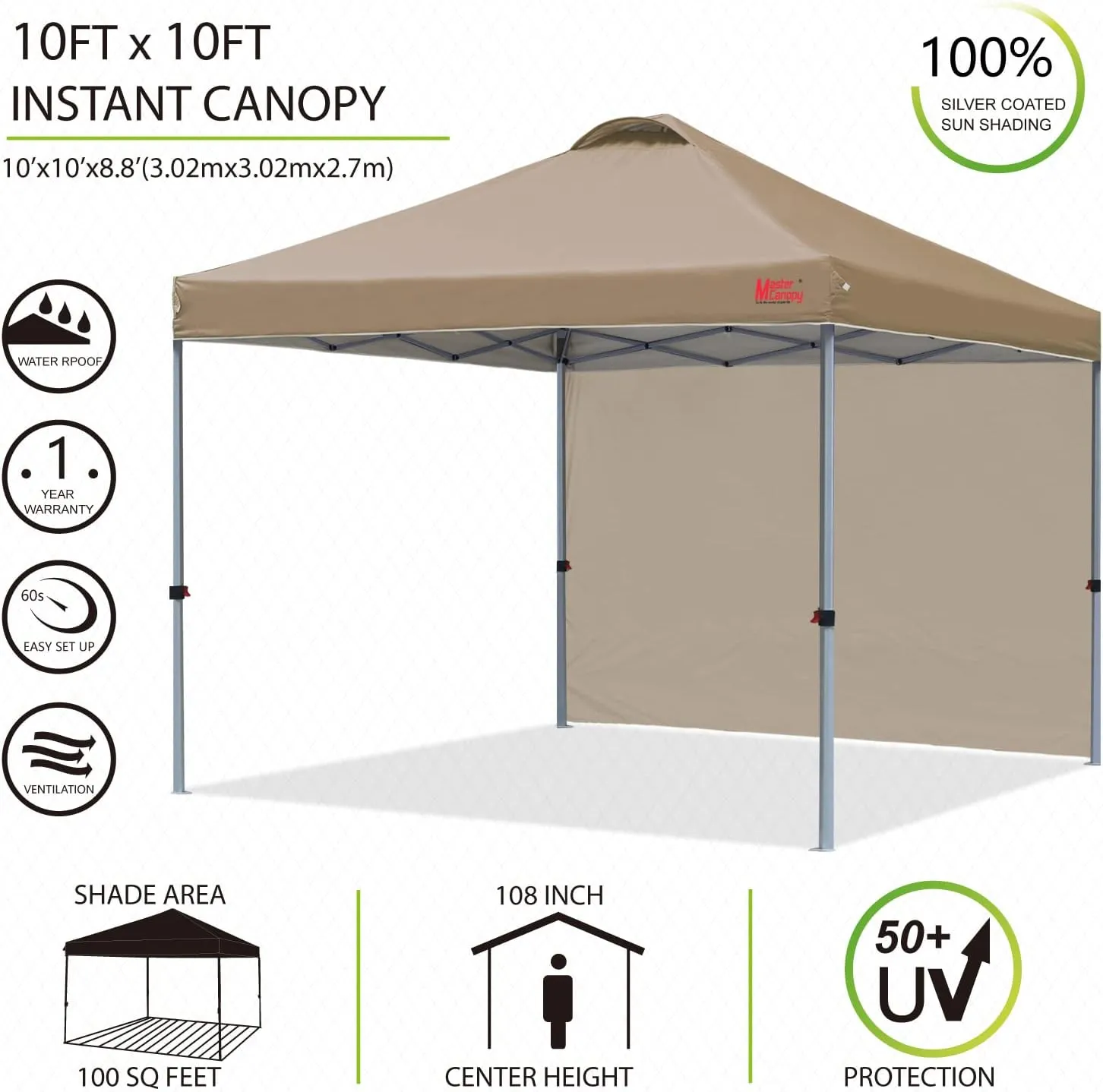 MASTERCANOPY Durable Pop-up Canopy Tent with 1 Sidewall (10'x10',Khaki)