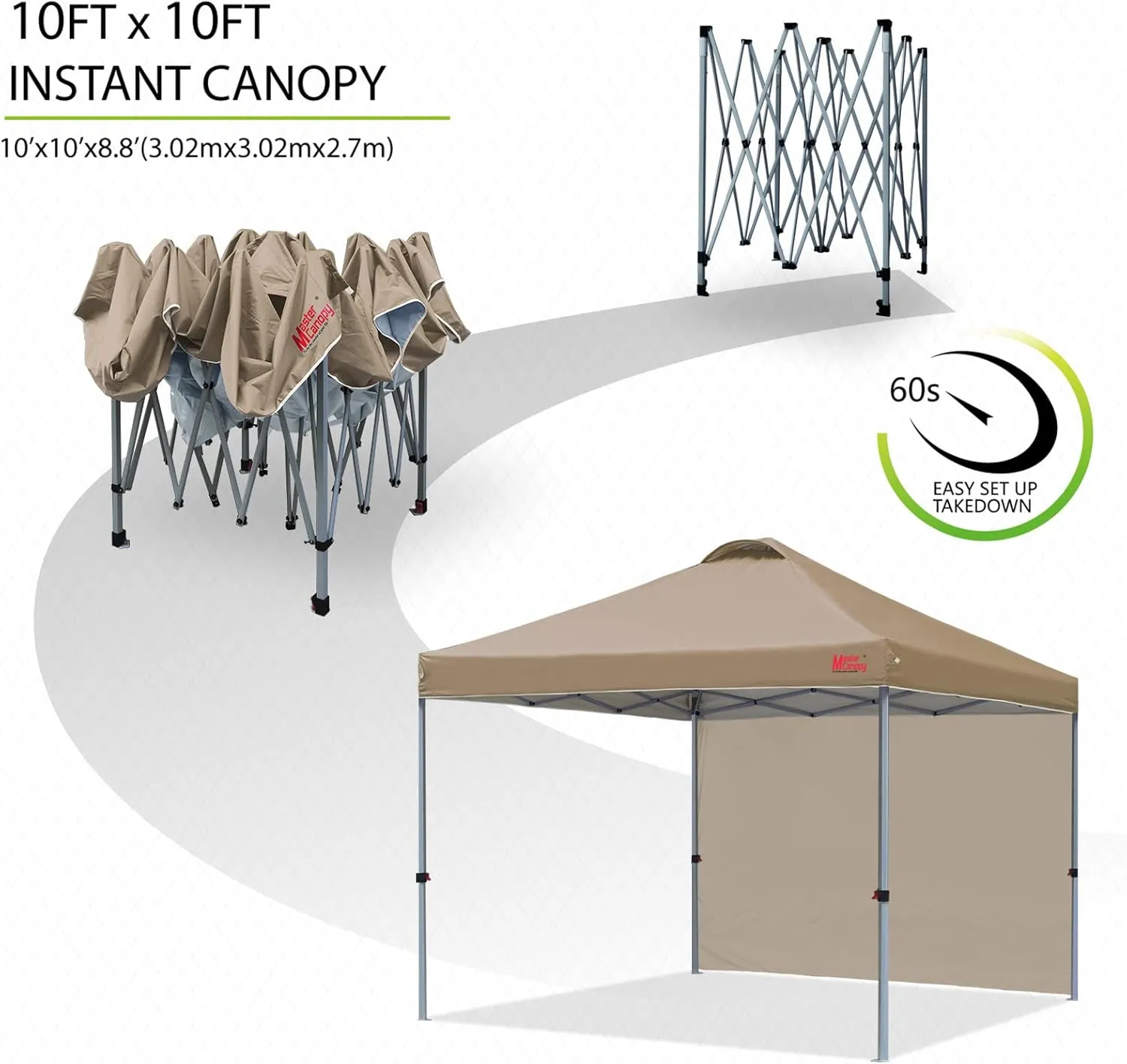 MASTERCANOPY Durable Pop-up Canopy Tent with 1 Sidewall (10'x10',Khaki)