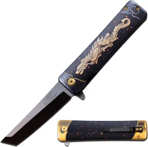 Masters Collection - Spring Assisted Open Folding Knife - Black and Satin Finish Stainless Steel Tanto Blade, Aluminum Handle w/Embossed Dragon, Pocket Clip - MC-A061D - Fantasy, Collectible