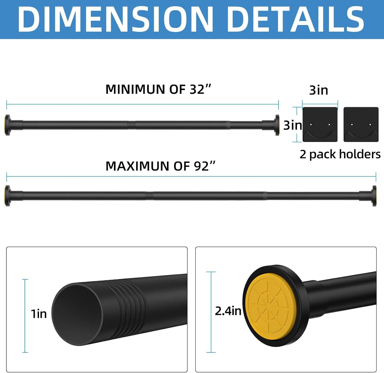 Matte Black Shower Curtain Rod,1 Inch Diameter Stainless Steel Adjustable Spring Tension Rods 32 to 92",with Holders,Anti-Slip,Curtain Rods No Drilling(1 Pack)