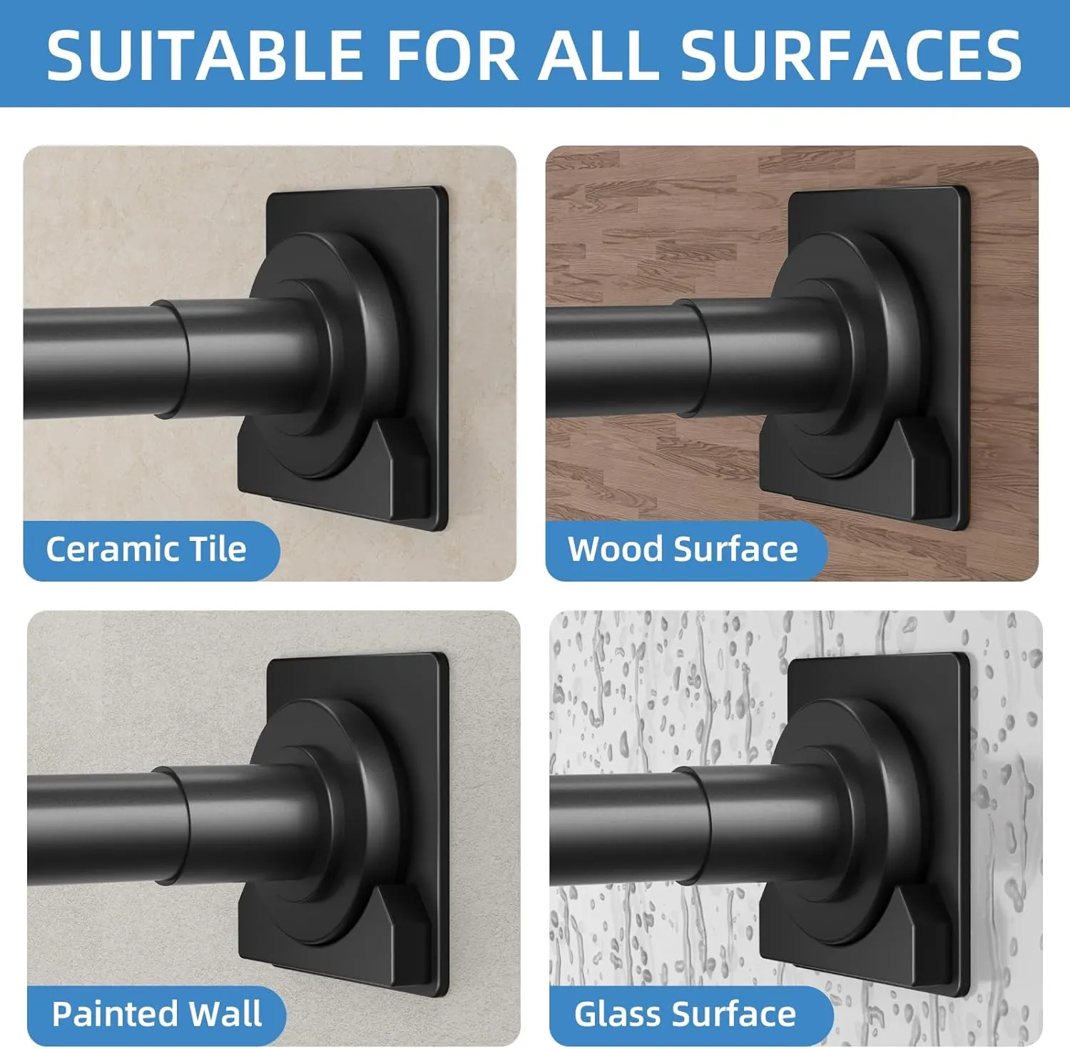Matte Black Shower Curtain Rod,1 Inch Diameter Stainless Steel Adjustable Spring Tension Rods 32 to 92",with Holders,Anti-Slip,Curtain Rods No Drilling(1 Pack)