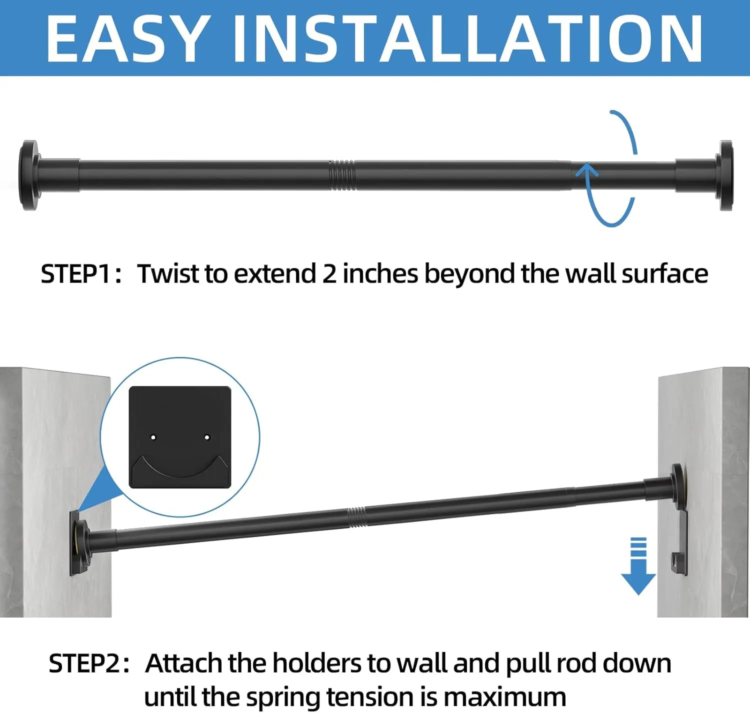 Matte Black Shower Curtain Rod,1 Inch Diameter Stainless Steel Adjustable Spring Tension Rods 32 to 92",with Holders,Anti-Slip,Curtain Rods No Drilling(1 Pack)