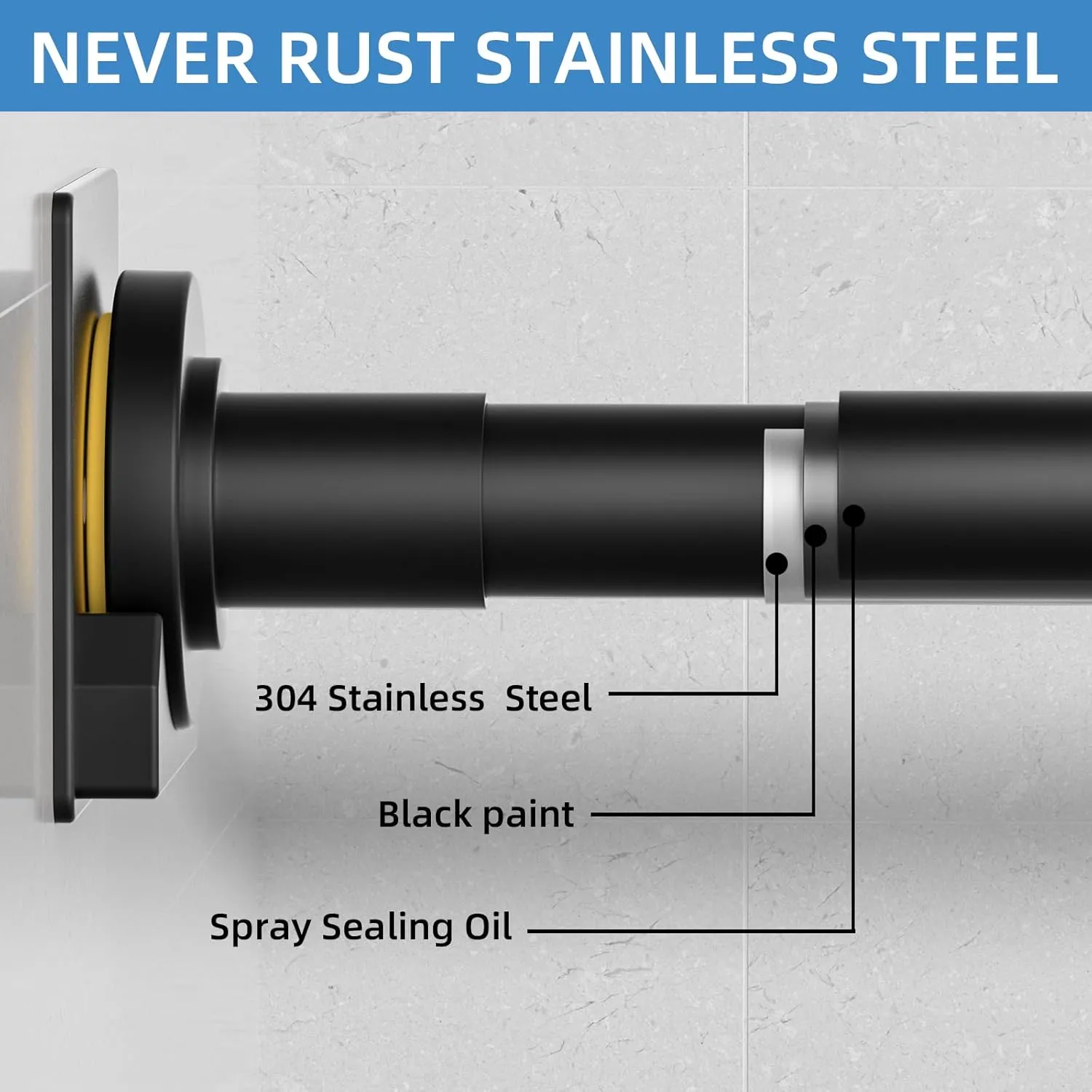 Matte Black Shower Curtain Rod,1 Inch Diameter Stainless Steel Adjustable Spring Tension Rods 32 to 92",with Holders,Anti-Slip,Curtain Rods No Drilling(1 Pack)