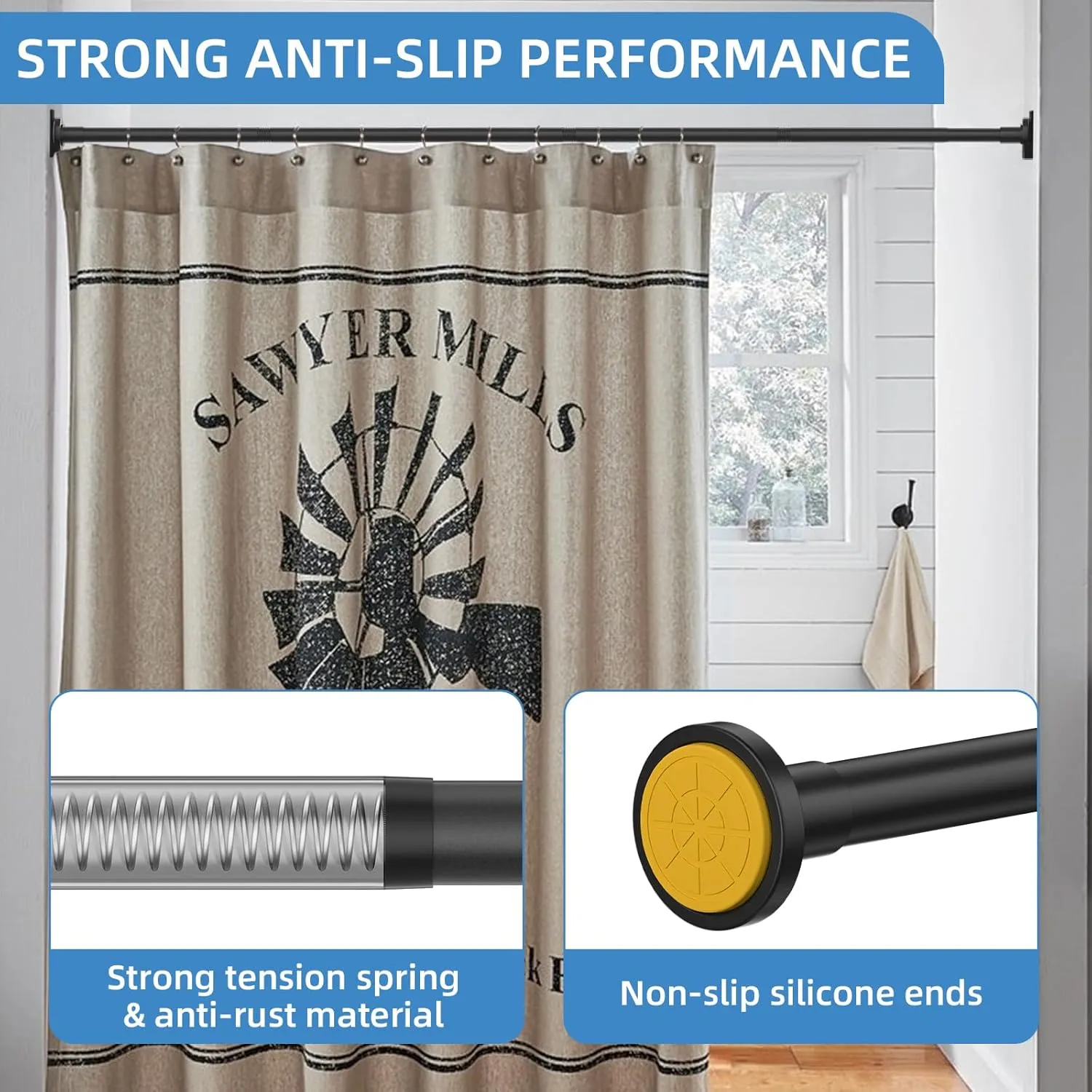 Matte Black Shower Curtain Rod,1 Inch Diameter Stainless Steel Adjustable Spring Tension Rods 32 to 92",with Holders,Anti-Slip,Curtain Rods No Drilling(1 Pack)