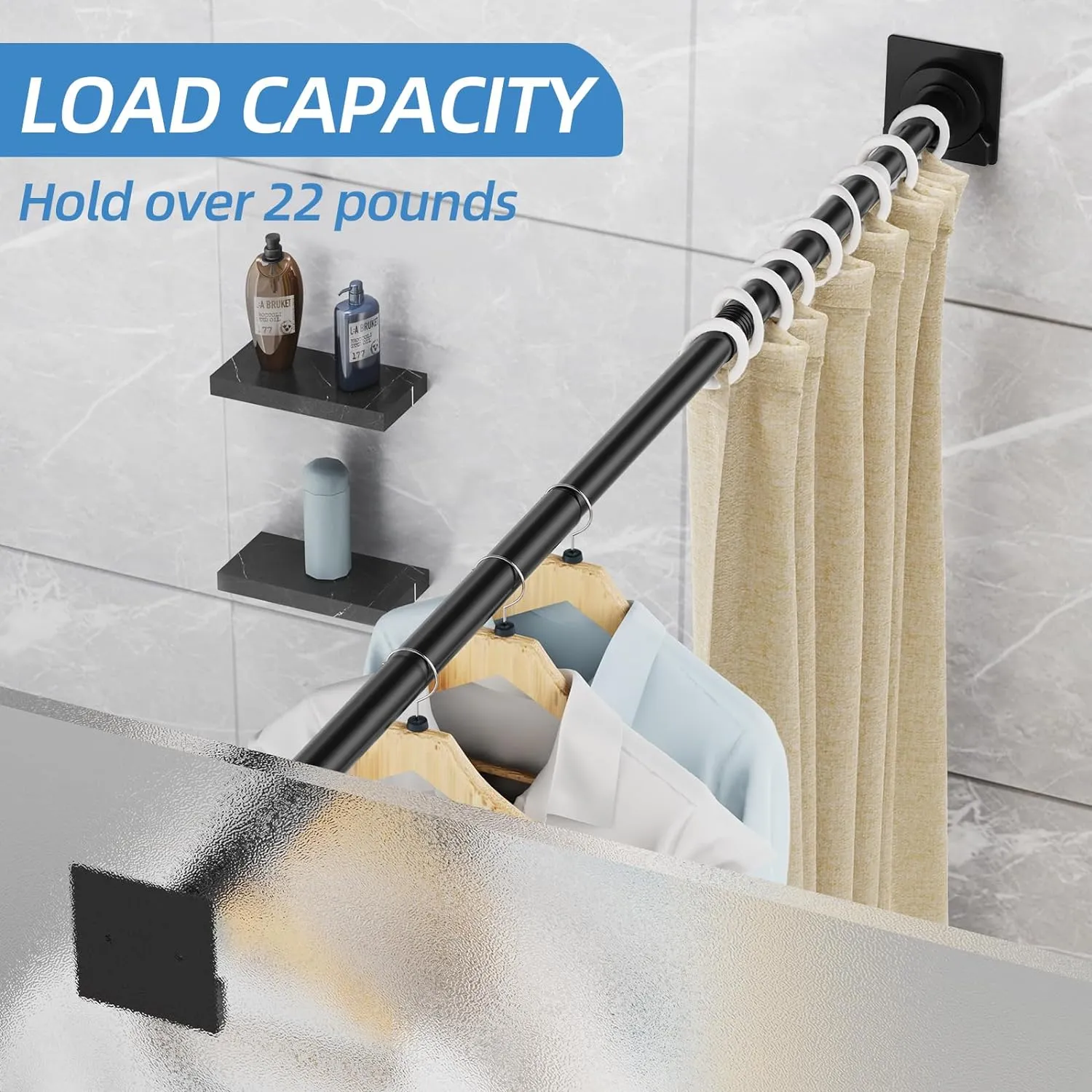 Matte Black Shower Curtain Rod,1 Inch Diameter Stainless Steel Adjustable Spring Tension Rods 32 to 92",with Holders,Anti-Slip,Curtain Rods No Drilling(1 Pack)