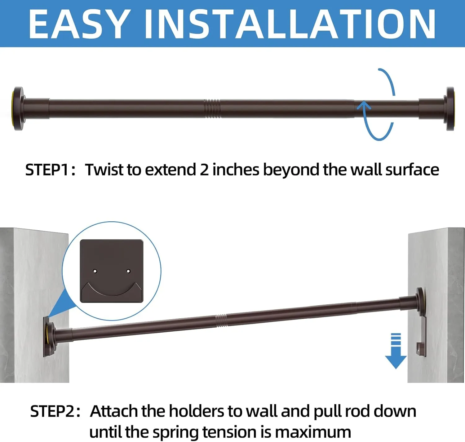 Matte Bronze Shower Curtain Rod,1 Inch Diameter Stainless Steel Adjustable Spring Tension Rods 32 to 92",with Holders,Anti-Slip,Curtain Rods No Drilling(1 Pack)