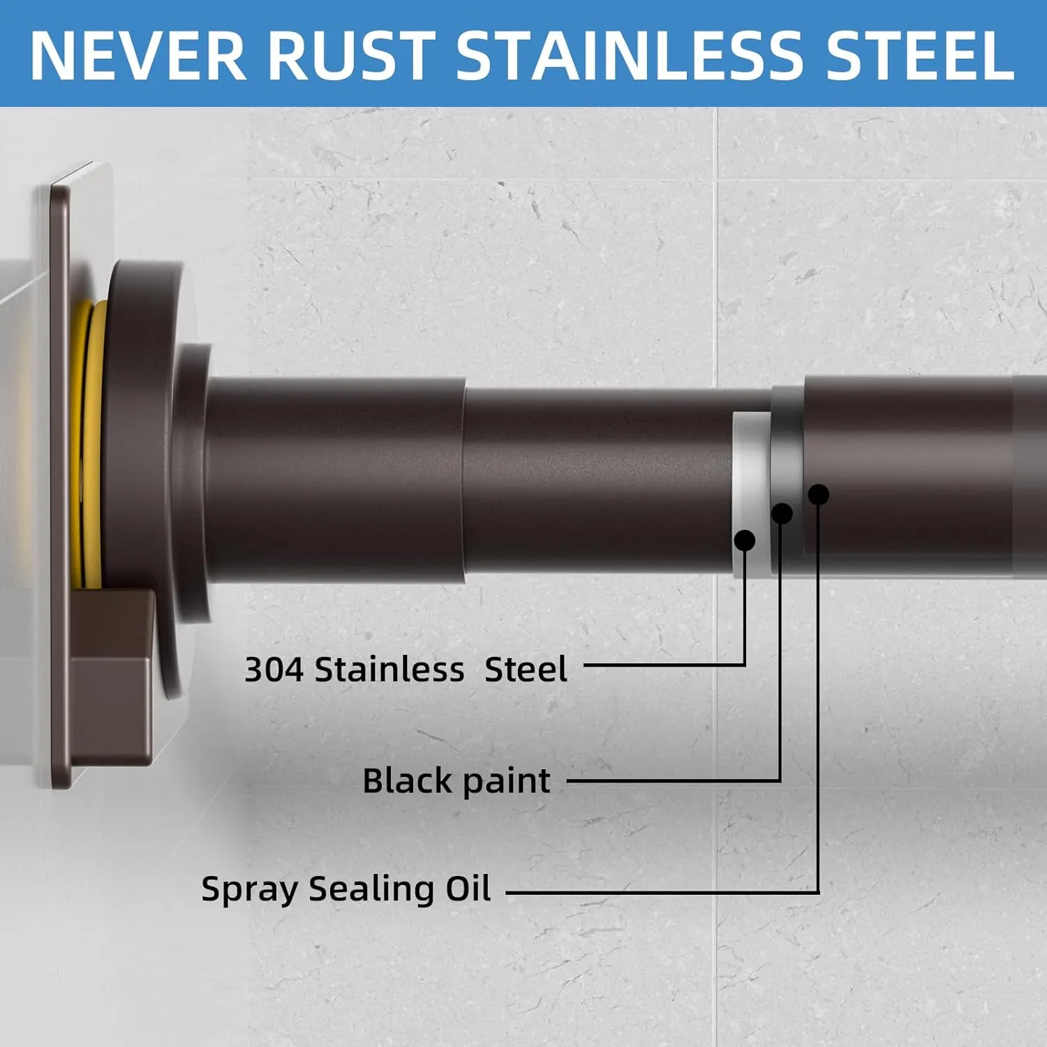 Matte Bronze Shower Curtain Rod,1 Inch Diameter Stainless Steel Adjustable Spring Tension Rods 32 to 92",with Holders,Anti-Slip,Curtain Rods No Drilling(1 Pack)