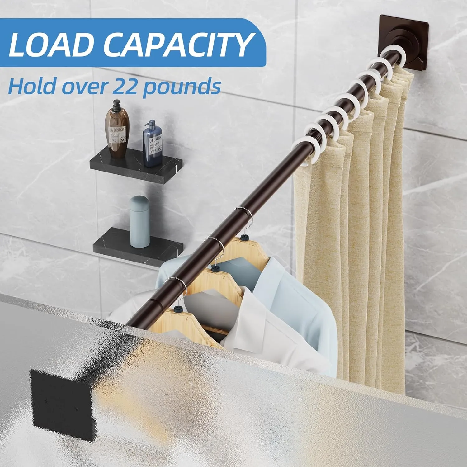 Matte Bronze Shower Curtain Rod,1 Inch Diameter Stainless Steel Adjustable Spring Tension Rods 32 to 92",with Holders,Anti-Slip,Curtain Rods No Drilling(1 Pack)
