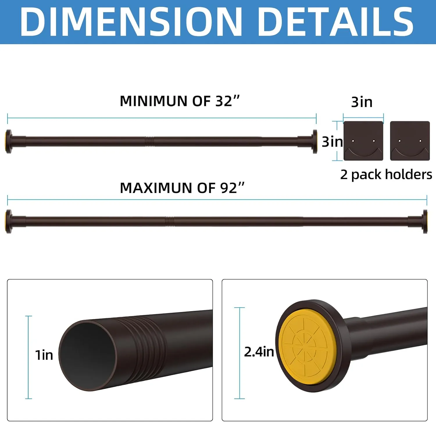 Matte Bronze Shower Curtain Rod,1 Inch Diameter Stainless Steel Adjustable Spring Tension Rods 32 to 92",with Holders,Anti-Slip,Curtain Rods No Drilling(1 Pack)