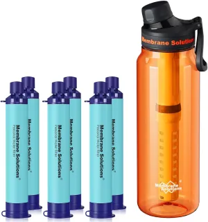 Membrane Solutions 36oz C3 ACF UF Filtered Water Bottle with 6 Packs Outdoor Water Filter Straw