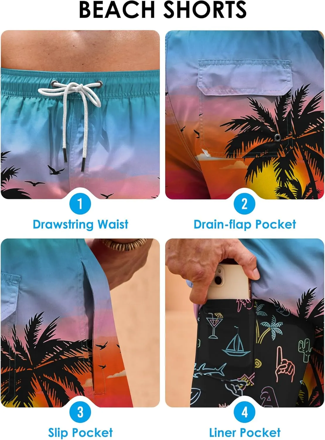 Mens 6'' Trunks UPF 50  Dry Fit Summer Print Beach Swim Shorts with Compression Liner (S-XXL)