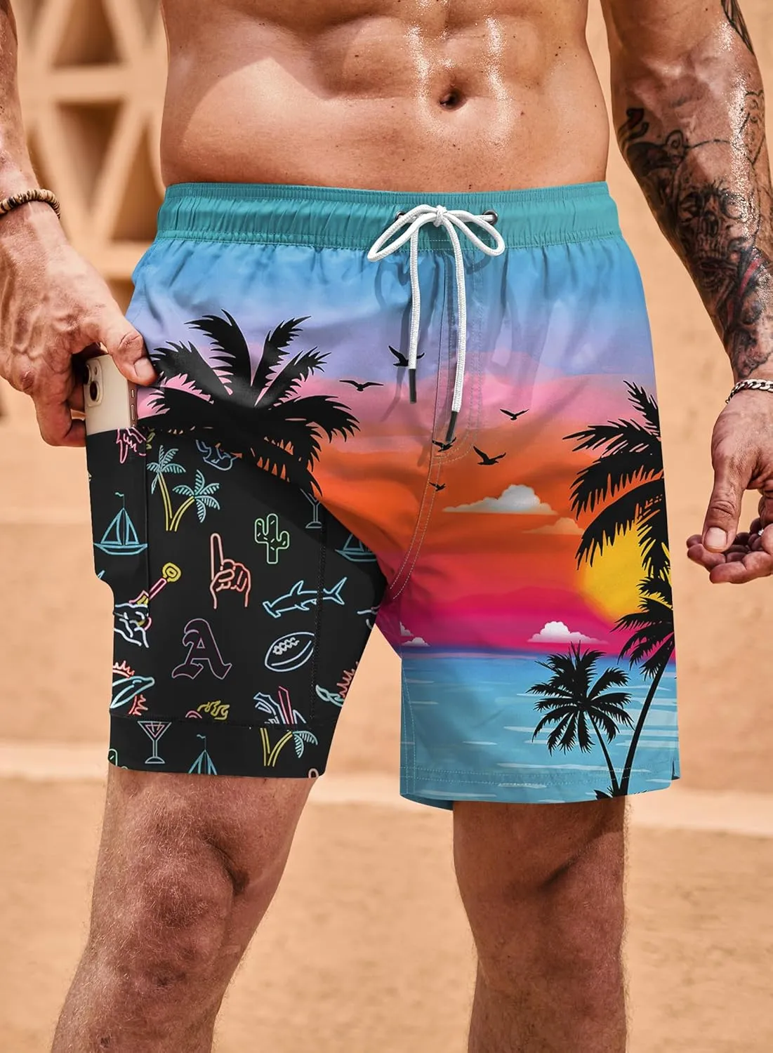 Mens 6'' Trunks UPF 50  Dry Fit Summer Print Beach Swim Shorts with Compression Liner (S-XXL)