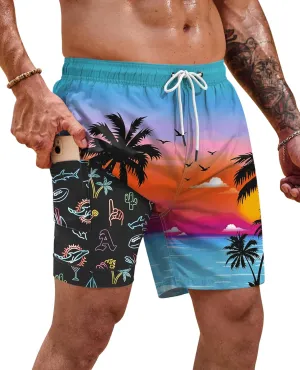 Mens 6'' Trunks UPF 50  Dry Fit Summer Print Beach Swim Shorts with Compression Liner (S-XXL)