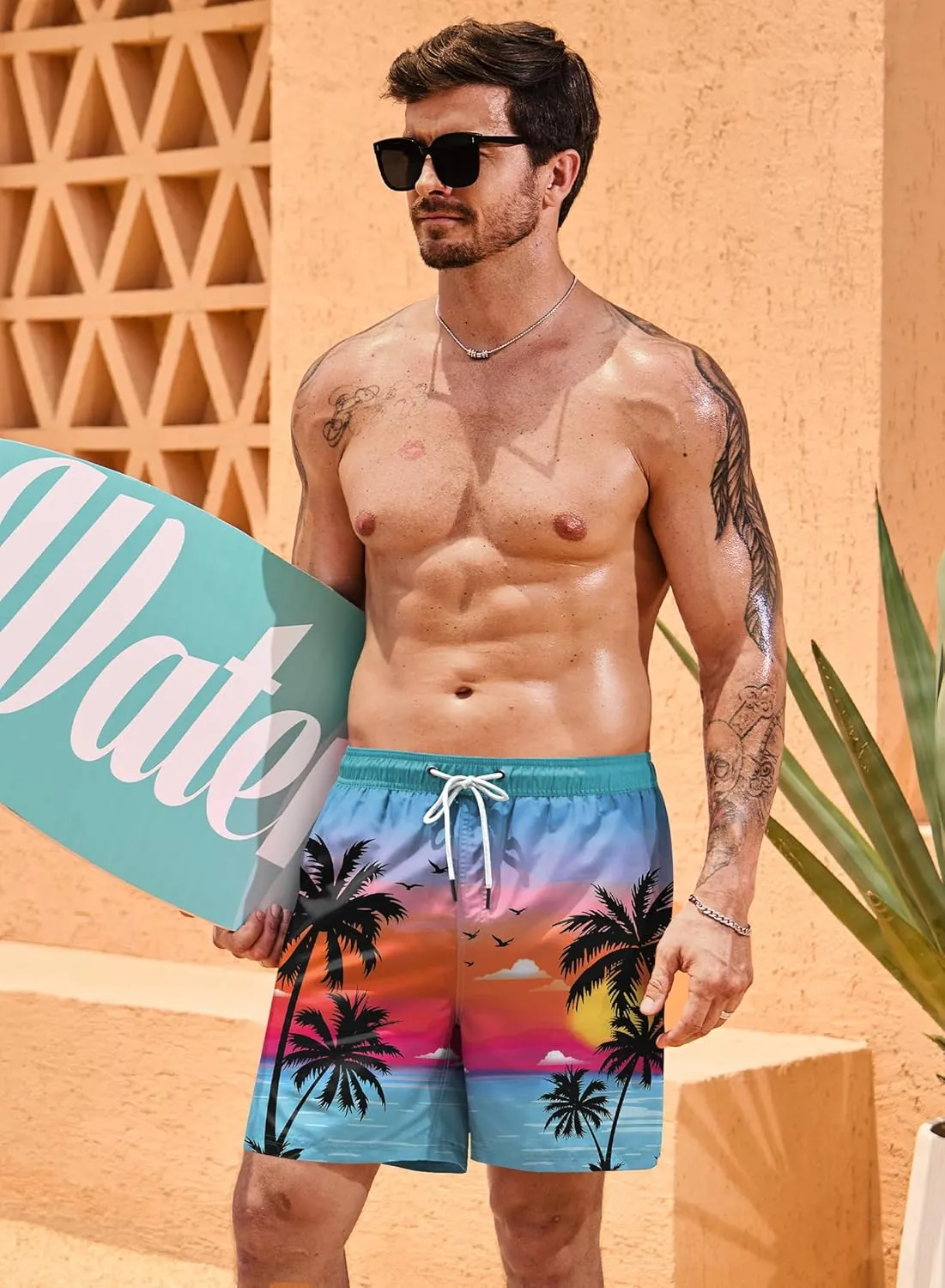 Mens 6'' Trunks UPF 50  Dry Fit Summer Print Beach Swim Shorts with Compression Liner (S-XXL)