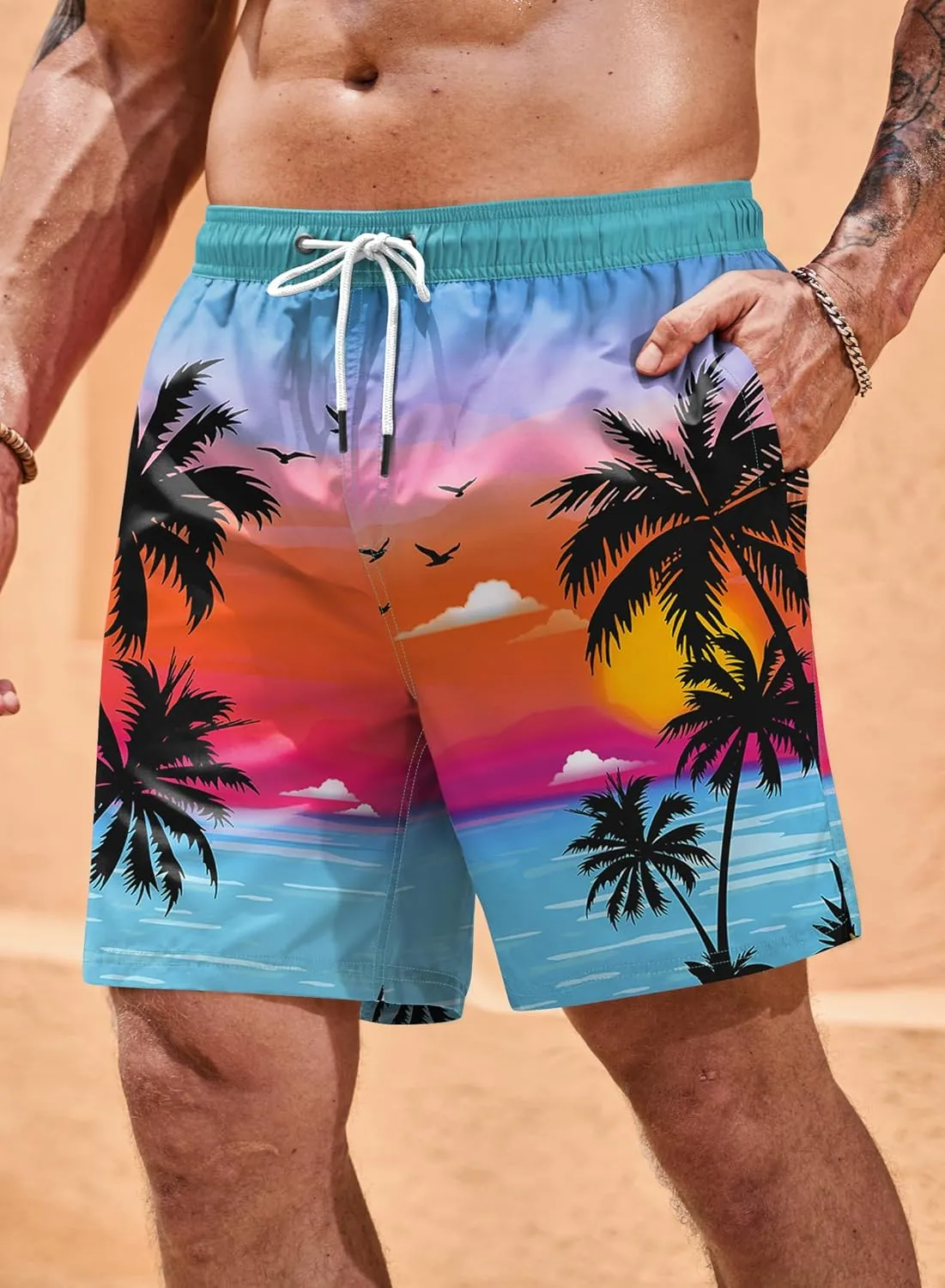 Mens 6'' Trunks UPF 50  Dry Fit Summer Print Beach Swim Shorts with Compression Liner (S-XXL)