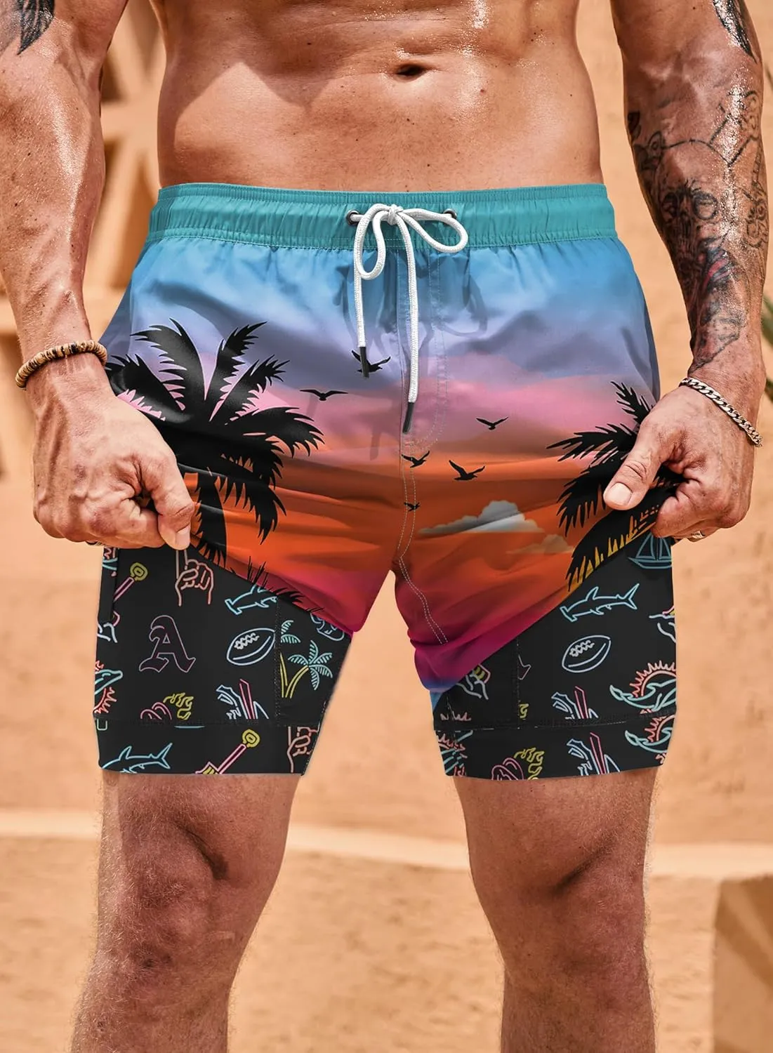 Mens 6'' Trunks UPF 50  Dry Fit Summer Print Beach Swim Shorts with Compression Liner (S-XXL)