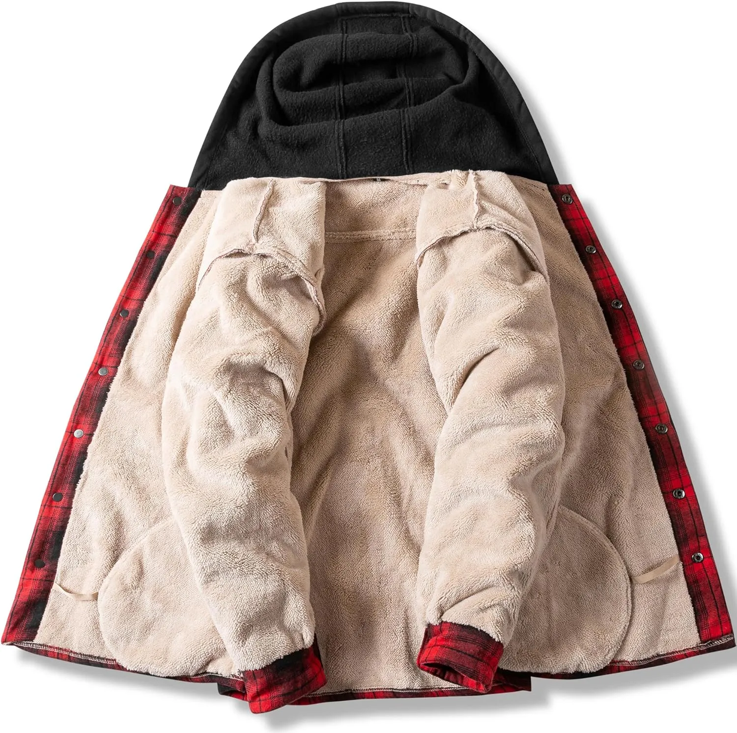 Men's Cotton Plaid Long Sleeve Shirts Jacket Fleece Lined Flannel Shirts Sherpa Button Down Coat with Hood