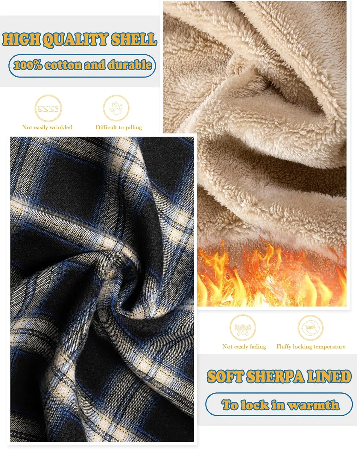 Men's Cotton Plaid Long Sleeve Shirts Jacket Fleece Lined Flannel Shirts Sherpa Button Down Coat with Hood