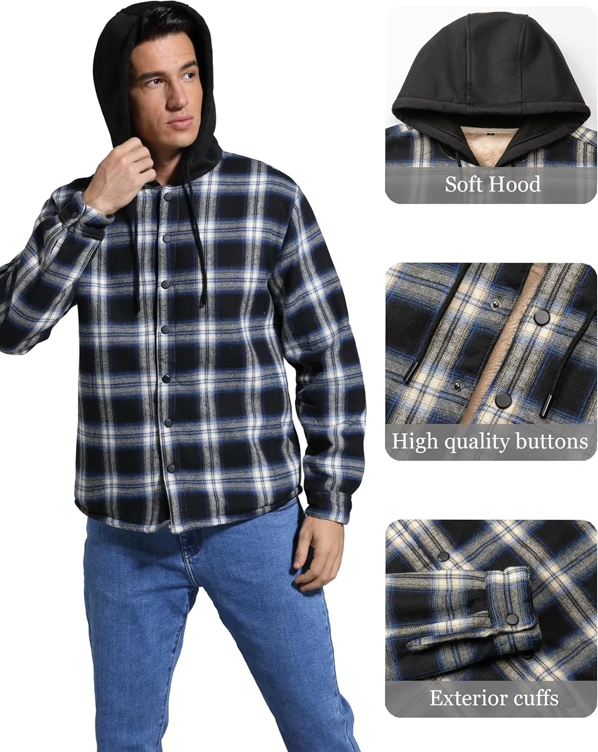 Men's Cotton Plaid Long Sleeve Shirts Jacket Fleece Lined Flannel Shirts Sherpa Button Down Coat with Hood