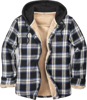 Men's Cotton Plaid Long Sleeve Shirts Jacket Fleece Lined Flannel Shirts Sherpa Button Down Coat with Hood