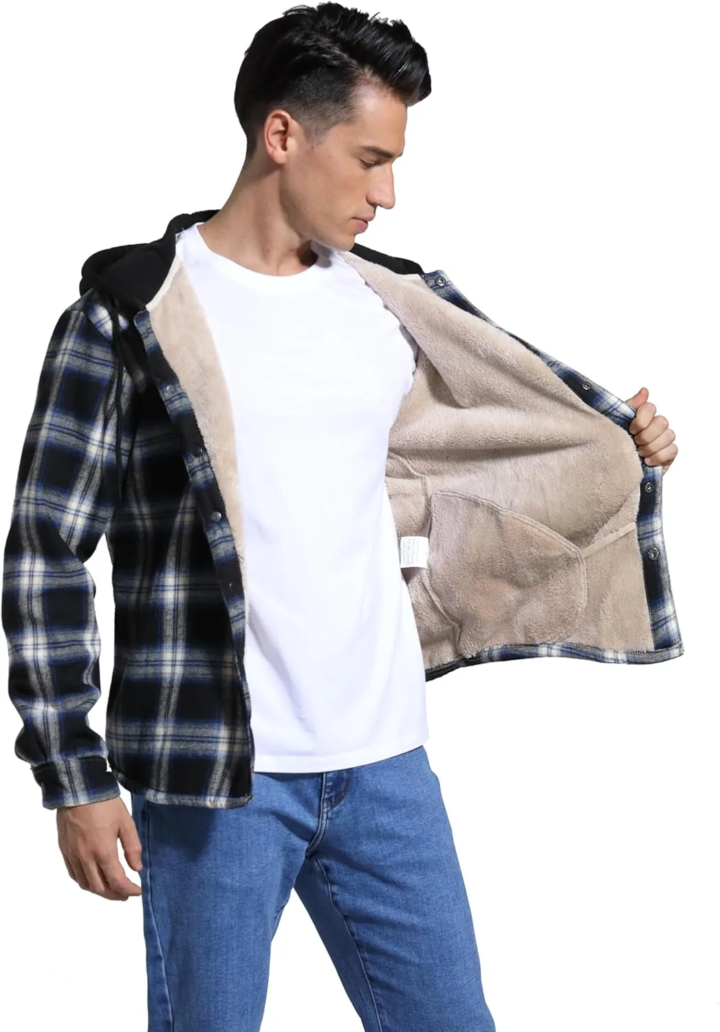 Men's Cotton Plaid Long Sleeve Shirts Jacket Fleece Lined Flannel Shirts Sherpa Button Down Coat with Hood