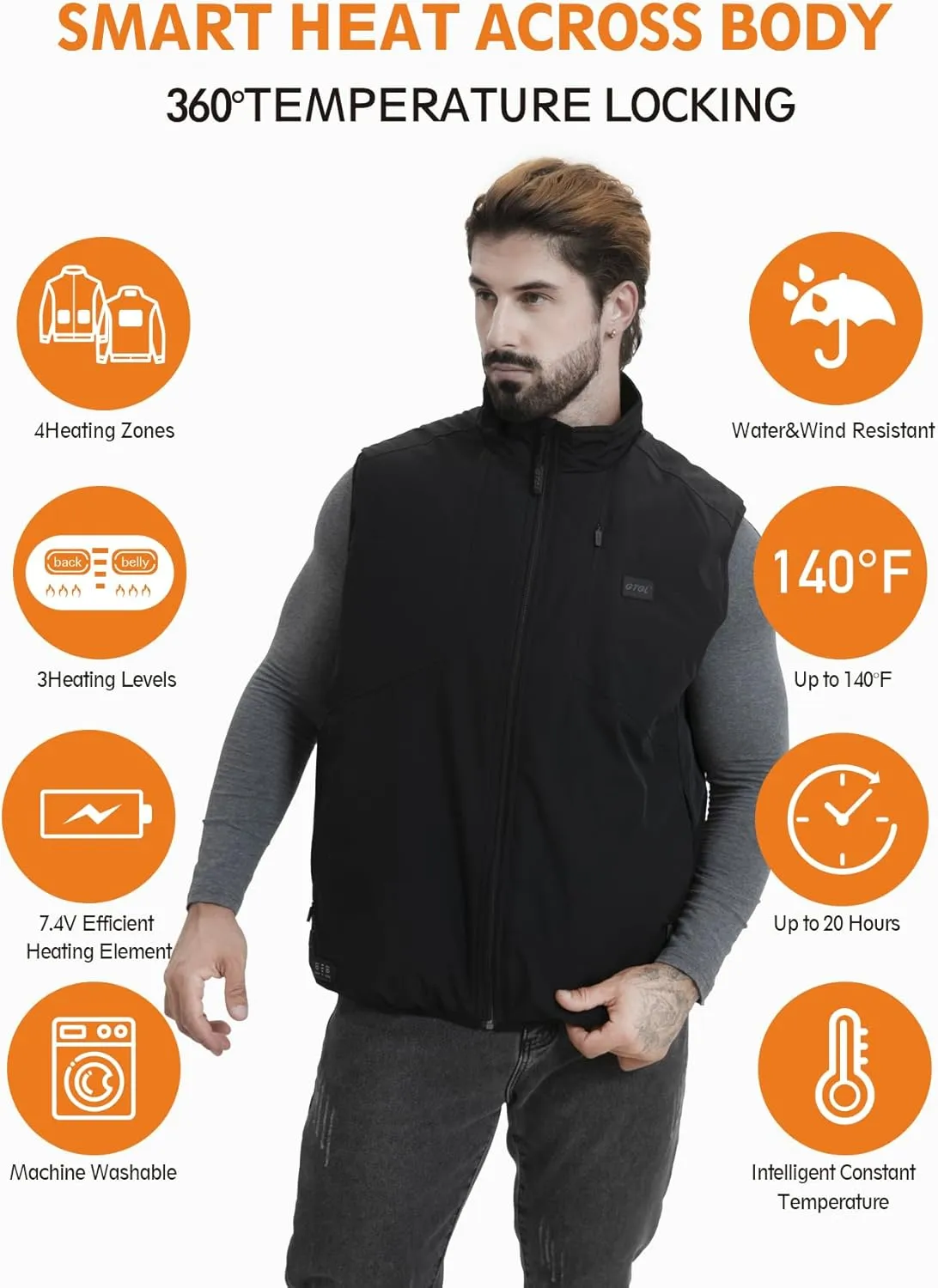 Men's Heated Vests with battery pack 7.4V included, electric heated golf vest heating men for Travel Hiking Running