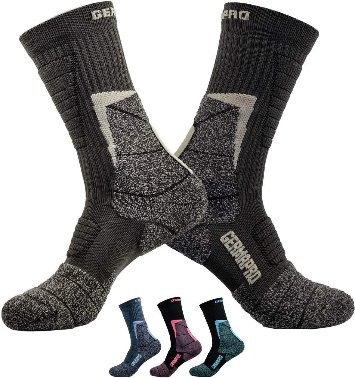 Mens Moisture Wicking Crew Compression Hiking Work Boot Socks w/Anti-Fatigue Germanium Infused   Coolmax Fiber 1/2 Pk