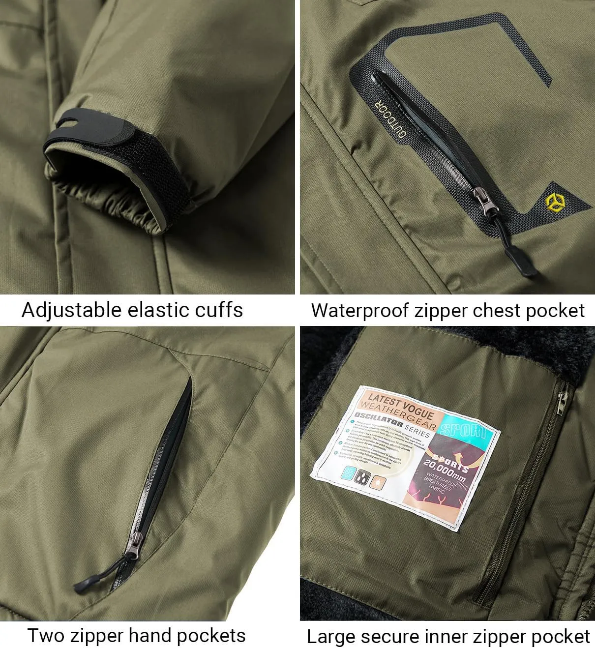 Men's Winter Ski Jacket Warm Fleece Waterproof Outdoor Mountain Hiking Windbreaker Hooded Snow Rain Coat