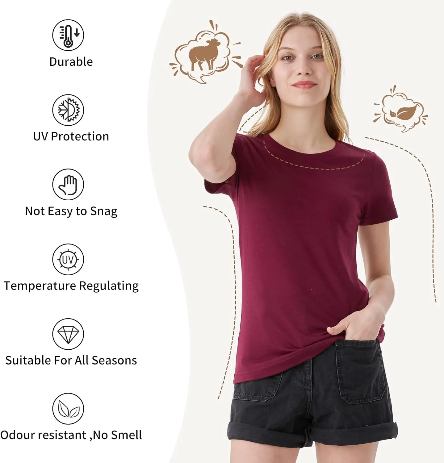 Merino Protect 100% Merino Wool T Shirts Women Crew Neck Tops Short Sleeve Odor Resistance Base Layer Travel Hiking Tee Shirt