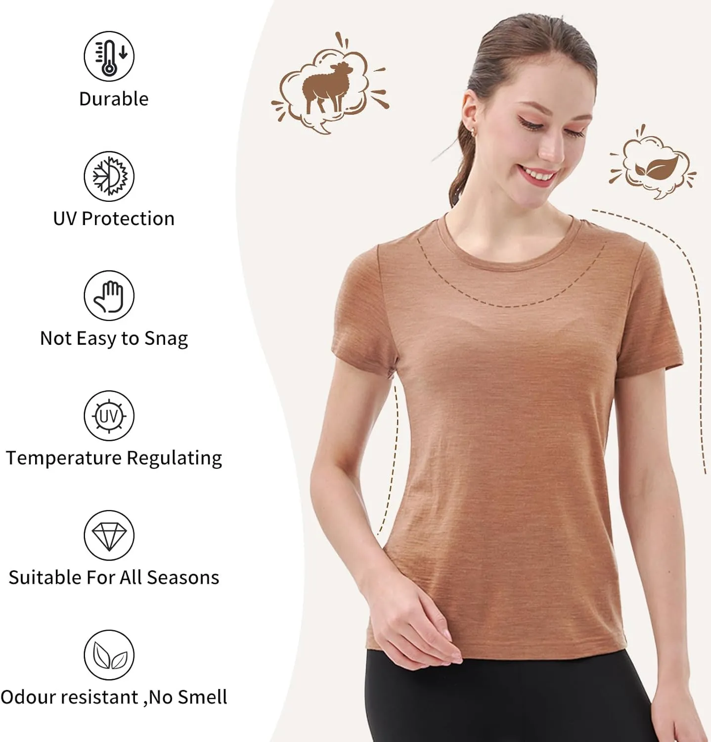 Merino Protect 100% Merino Wool T Shirts Women Crew Neck Tops Short Sleeve Odor Resistance Base Layer Travel Hiking Tee Shirt