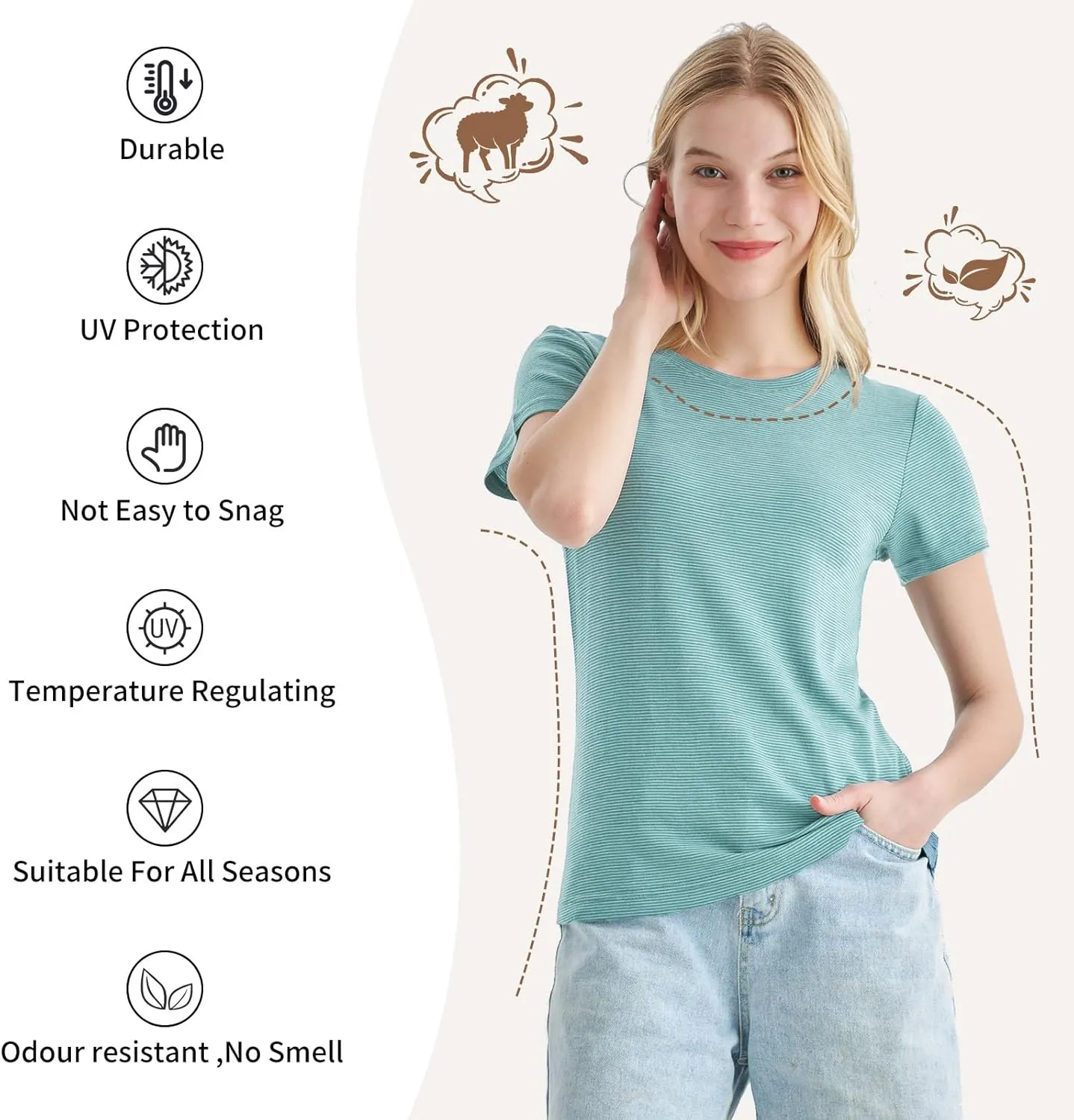 Merino Protect 100% Merino Wool T Shirts Women Crew Neck Tops Short Sleeve Odor Resistance Base Layer Travel Hiking Tee Shirt